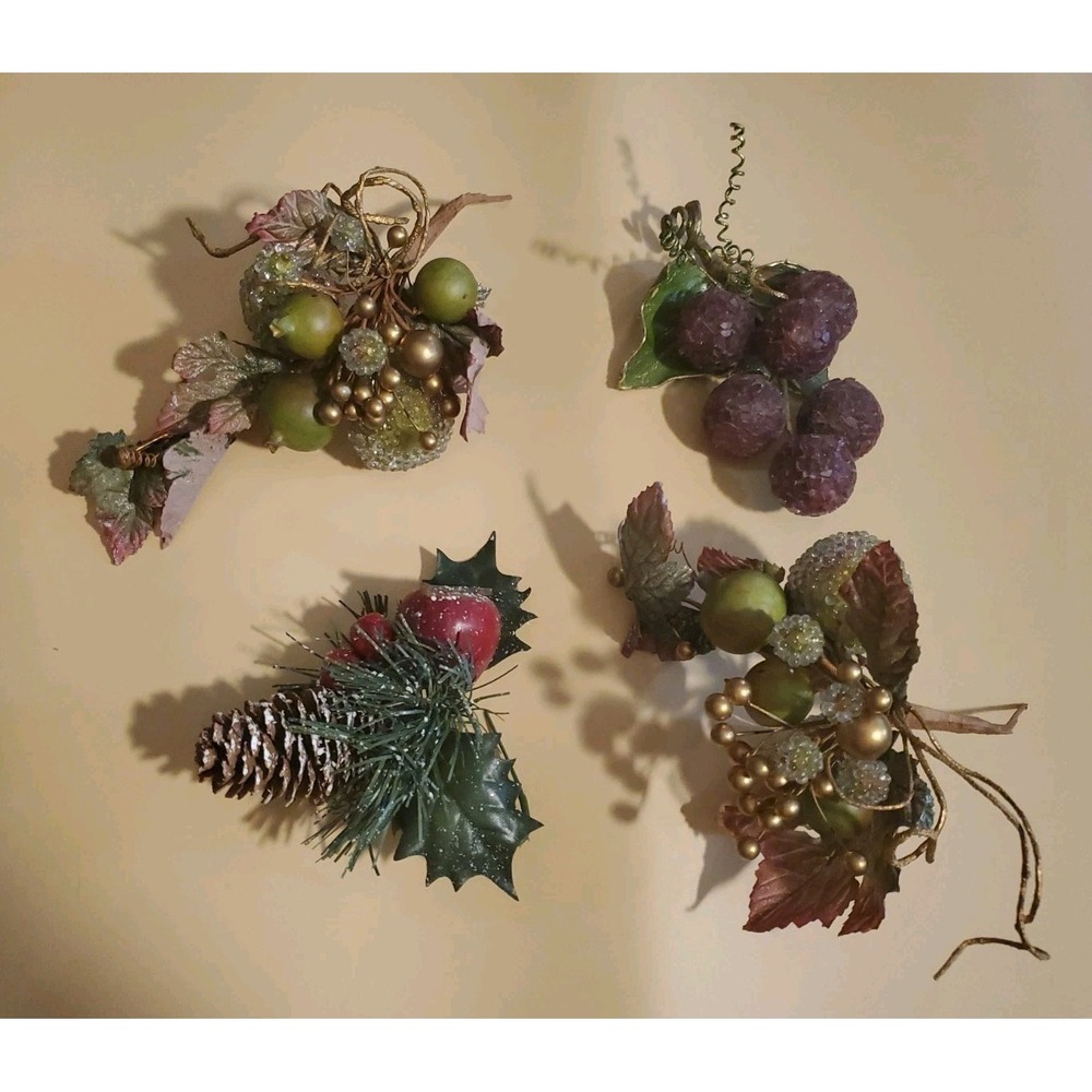Artificial Faux Beaded Fruit Gold Details Floral Pick Lot Of 4